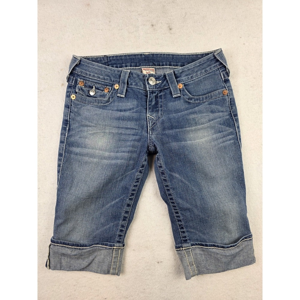 True Religion Knee Length Cuffed Denim Shorts Flap Pockets Size 28 Rhinestones